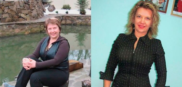 Mujer antes y después de la pérdida de peso sistemática con la dieta favorita